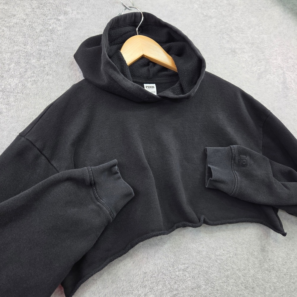 Victorias Secret PINK Everyday Loungewear Crop Raw Hem Hoodie Womens Small Black